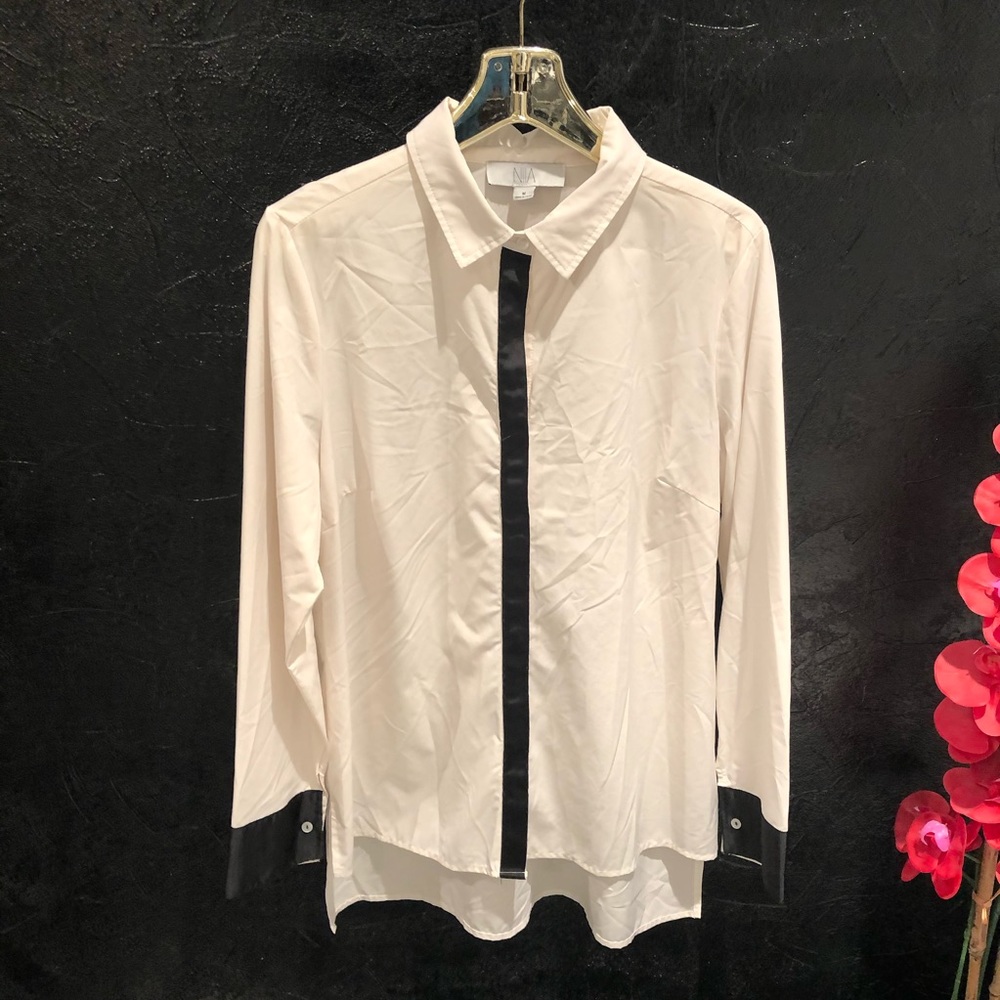 Tuxedo Like Blouse Ivory Cream Shirt Black top